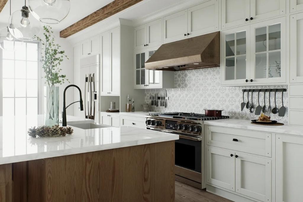Farmhouse kitchen with white shaker cabinets, wood beams, and patterned backsplash