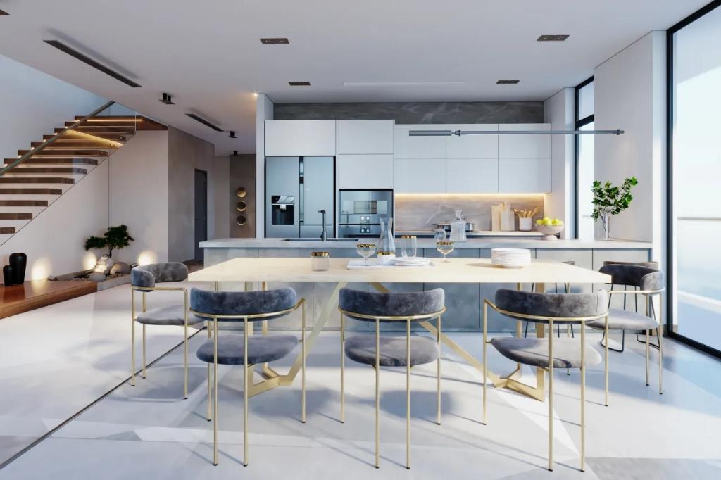 Contemporary open-plan kitchen with dining area and floor-to-ceiling windows
